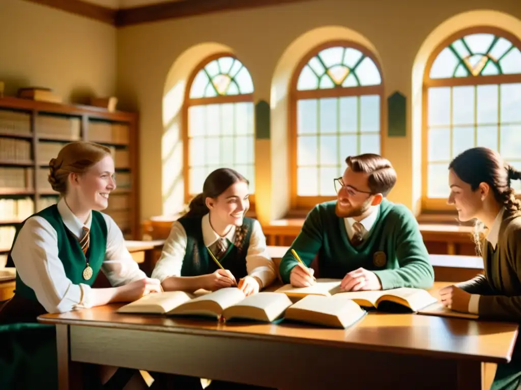 Grupo de estudiantes inmersos en una animada conversación en lenguas celtas en un aula vintage, rodeados de materiales tradicionales de aprendizaje