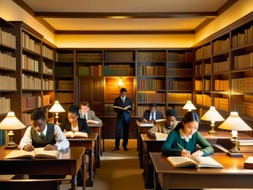 Grupo de estudiantes inmersos en el estudio de textos antiguos en un aula iluminada por lámparas vintage