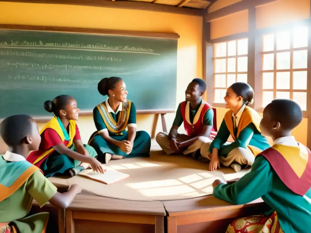 Un grupo de estudiantes aprendiendo lenguas bantúes en un aula tradicional africana, con ropa colorida y el maestro sonriente