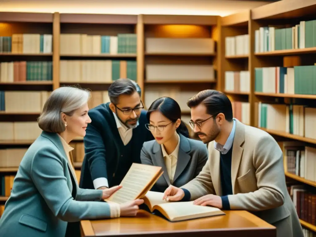 Un grupo de expertos en idiomas discuten rodeados de libros antiguos y materiales de referencia, iluminados por una cálida luz