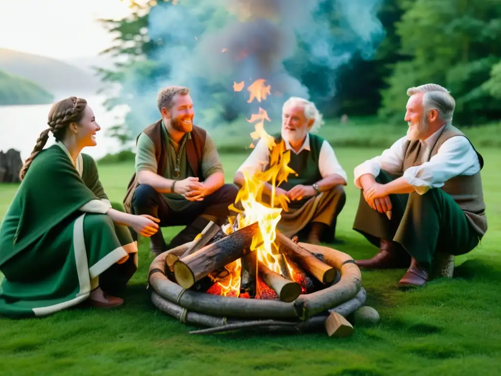 Grupo disfruta de fogata en el bosque, vistiendo atuendos celtas y hablando en celta