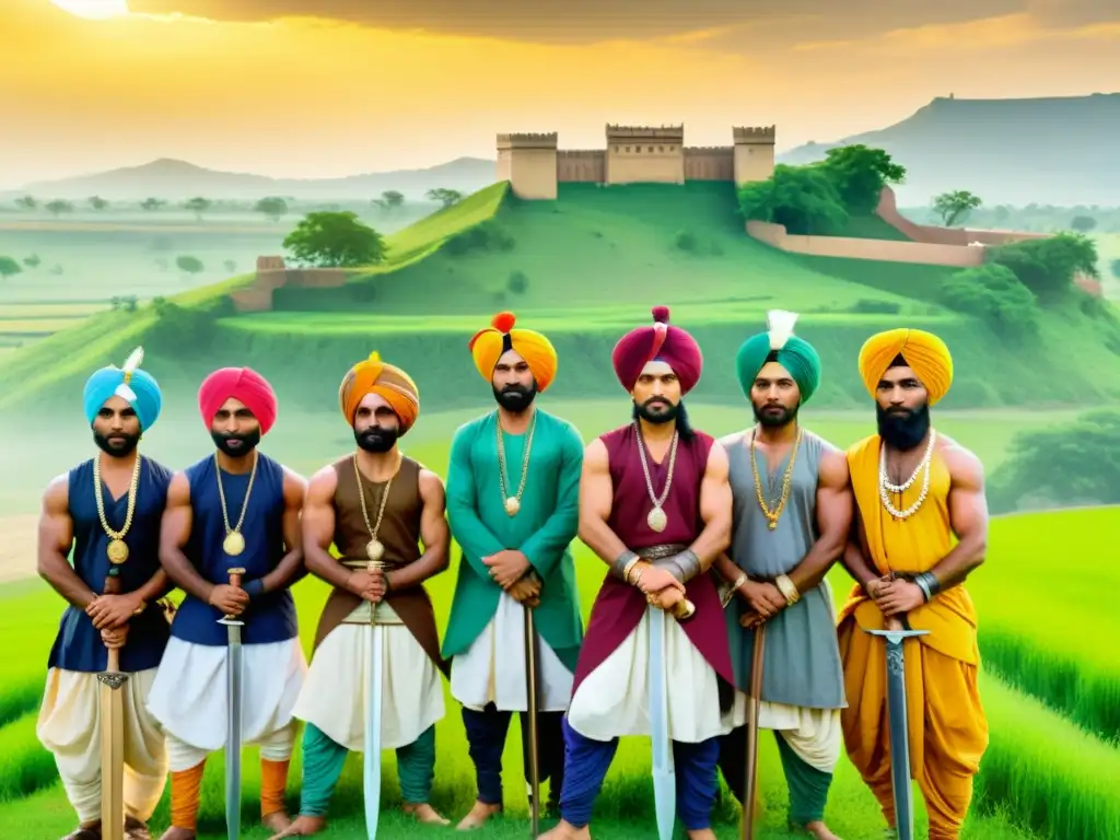 Un grupo de guerreros Punjabi en atuendo tradicional, con espadas y escudos, en medio de exuberantes campos verdes y un majestuoso fuerte al fondo