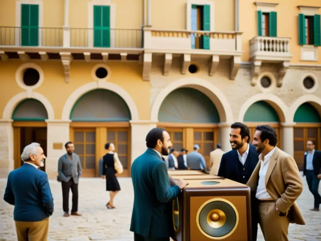 Conversación animada en aragonés: herencia cultural en foto vintage Un grupo de hablantes de aragonés disfruta de una animada conversación frente a la arquitectura tradicional aragonesa, capturando la esencia y la supervivencia del aragonés dialecto