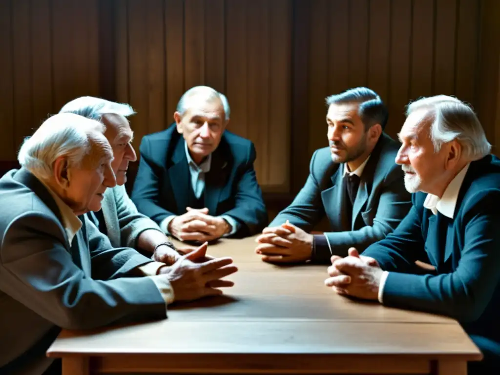 Un grupo de hablantes de frisón de edad avanzada se reúnen alrededor de una mesa de madera en penumbra, con expresiones de determinación y resiliencia