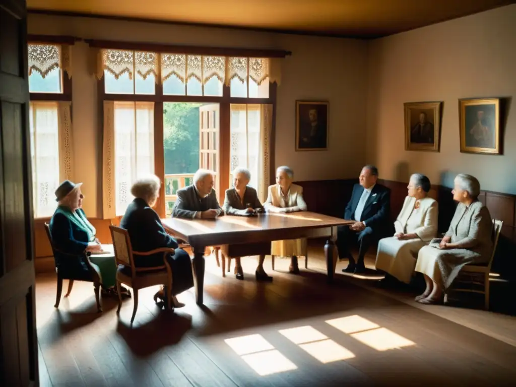 Un grupo de hablantes de friulano de edad avanzada conversa animadamente alrededor de una mesa de madera en una habitación con luz tenue