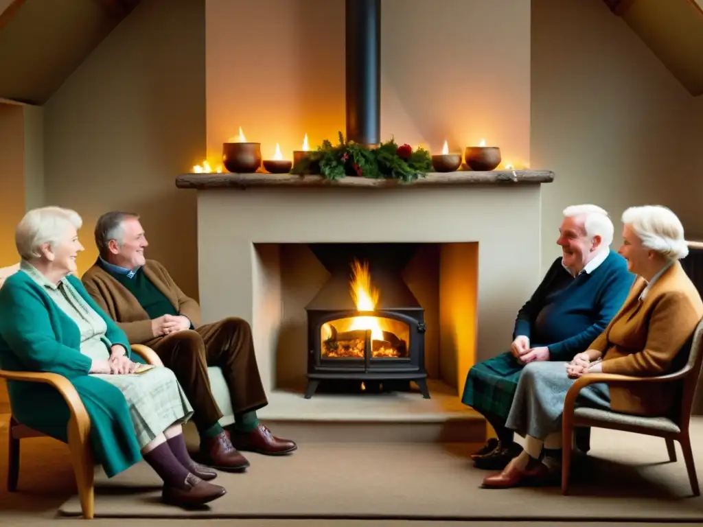 Grupo de hablantes de gaélico escocés junto a la chimenea, creando resonancias lengua gaélica Escocia en una atmósfera cálida y nostálgica