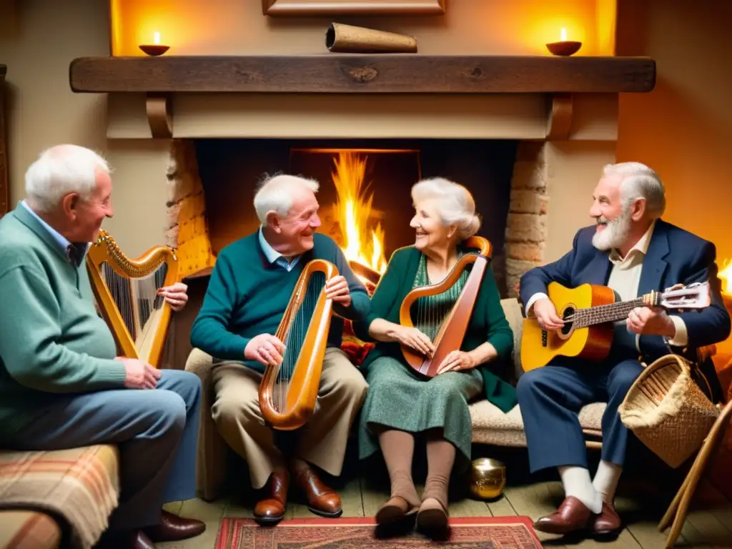 Un grupo de hablantes de galés de edad avanzada se reúne alrededor de una chimenea, tocando instrumentos tradicionales mientras comparten historias y risas, evocando el rico patrimonio cultural del idioma galés