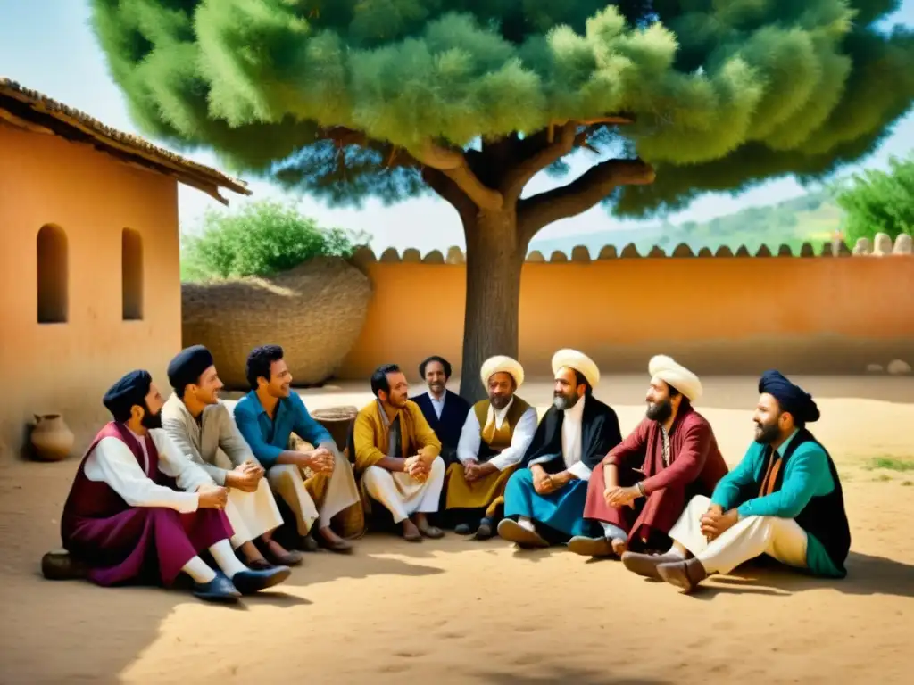 Conversación animada en ladino bajo el árbol Un grupo de hablantes de ladino se reúnen bajo un árbol centenario en una animada conversación en una plaza del pueblo