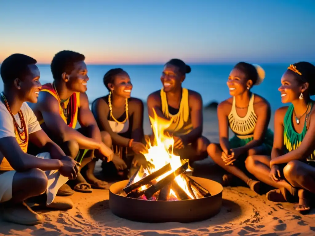 Un grupo de hablantes de lenguas bantúes se reúne alrededor de una fogata, preservando su herencia cultural a través de la tradición oral
