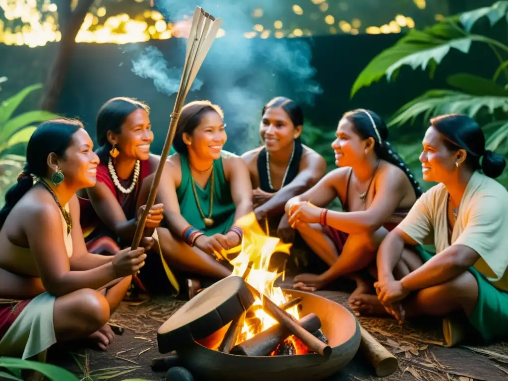 Un grupo de hablantes de lenguas indígenas se reúne alrededor de una fogata, sosteniendo instrumentos tradicionales, rodeados de exuberante follaje