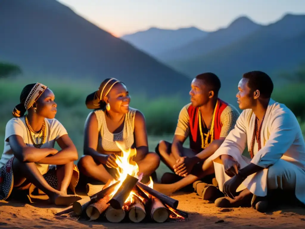 Grupo de hablantes nativos de lenguas bantúes conversando alrededor de una fogata al atardecer, reflejando la riqueza lingüística y la tradición oral en la comunidad bantú