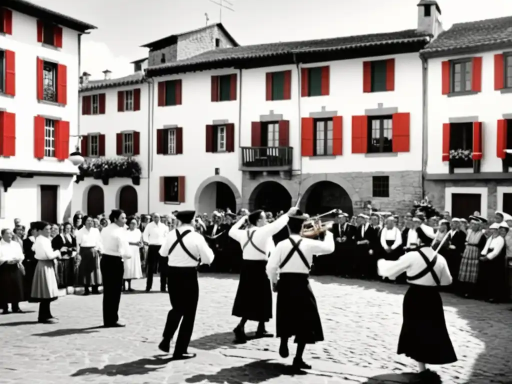 Grupo celebrando la historia y la cultura vasca en una plaza tradicional de España con música y baile