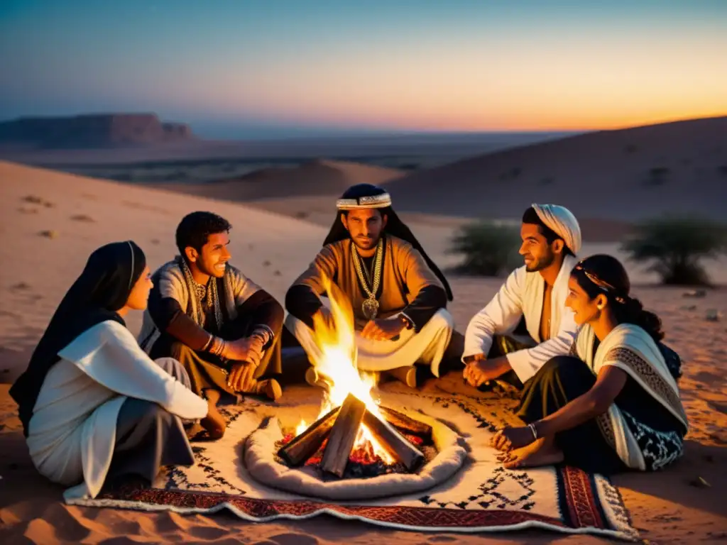 Grupo de hombres y mujeres beduinos reunidos alrededor de una fogata en el desierto, en una escena de tradición y cultura árabe única