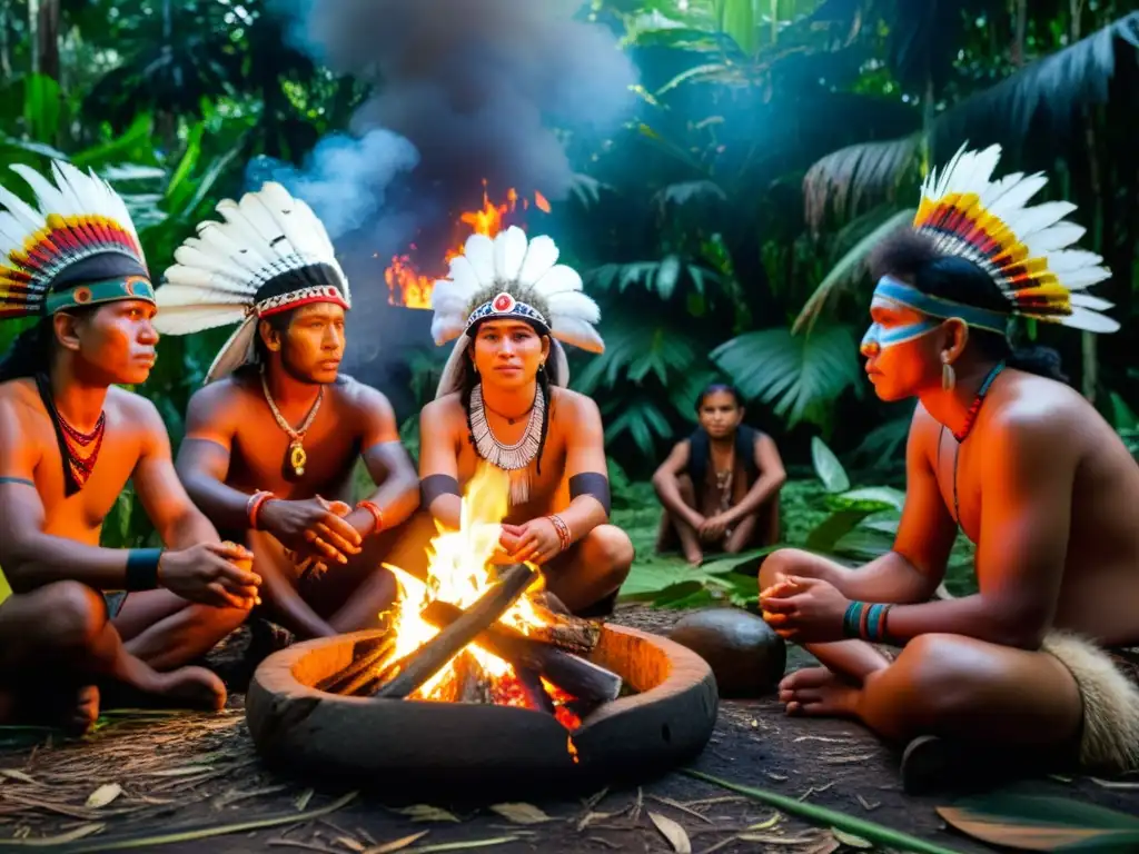 Grupo indígena escucha ancianos contar historias junto al fuego en la selva amazónica