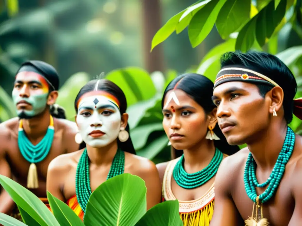 Grupo indígena participando en una ceremonia tradicional en medio de exuberante vegetación, resaltando lenguas en peligro de extinción