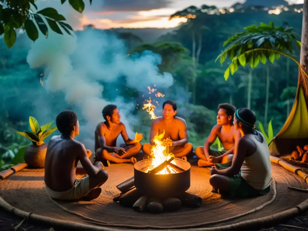 Grupo indígena en círculo alrededor del fuego en la selva amazónica, con expresiones de sabiduría y conocimiento cultural