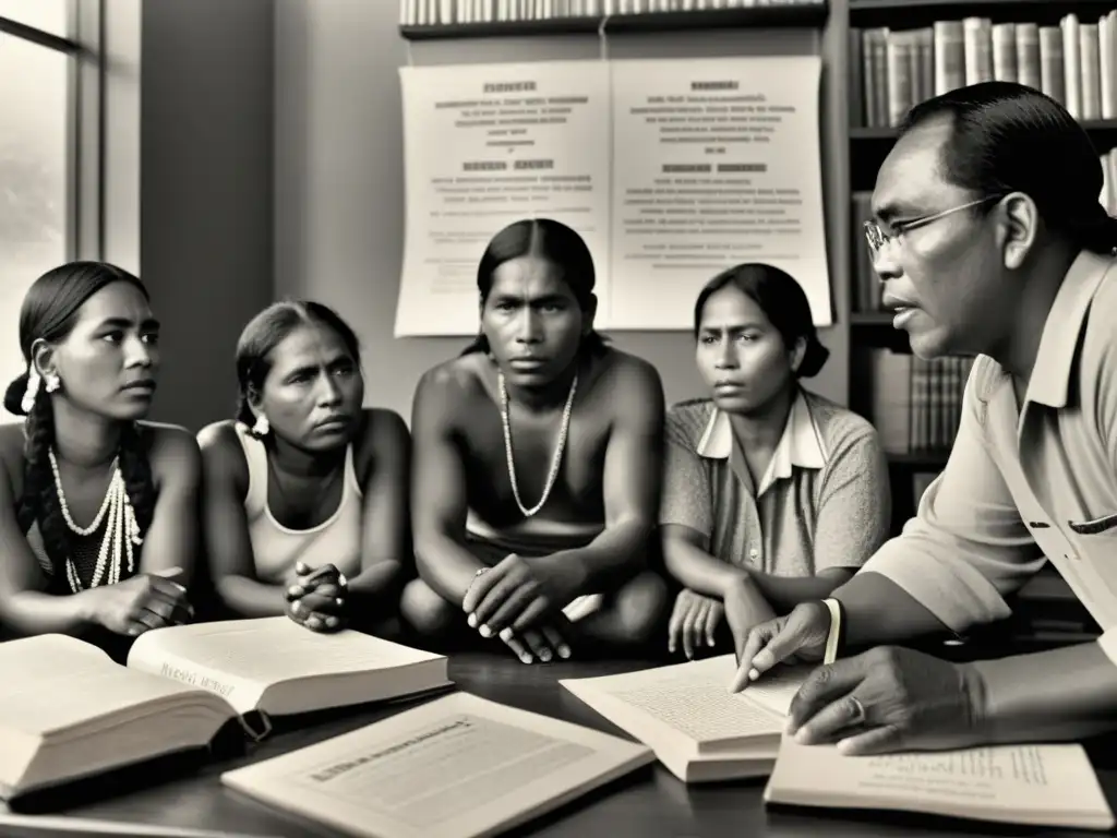 Grupo indígena habla su idioma rodeado de libros con estereotipos, mostrando cómo los prejuicios lingüísticos contribuyen a la extinción