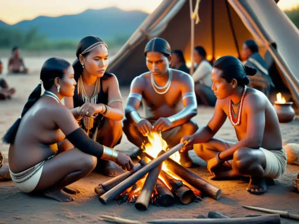 Grupo indígena reunido alrededor del fuego en una ceremonia cultural, resaltando la preservación de lenguas minoritarias y tradiciones comunitarias