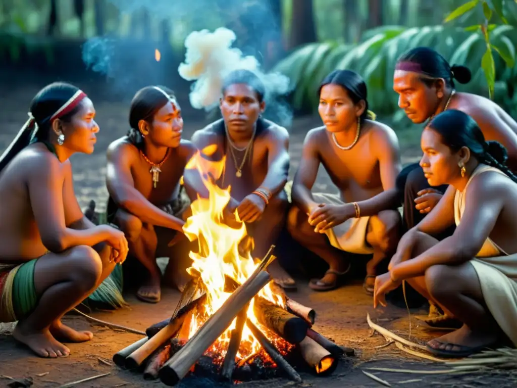 Un grupo de indígenas se reúne alrededor de una fogata, compartiendo historias tradicionales