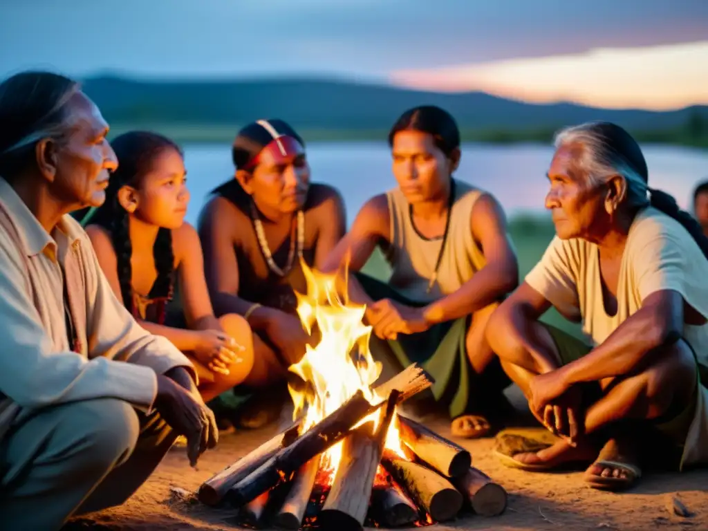 Grupo de indígenas escuchando historias alrededor de una fogata, destacando la importancia cultural y ecológica de preservar lenguas