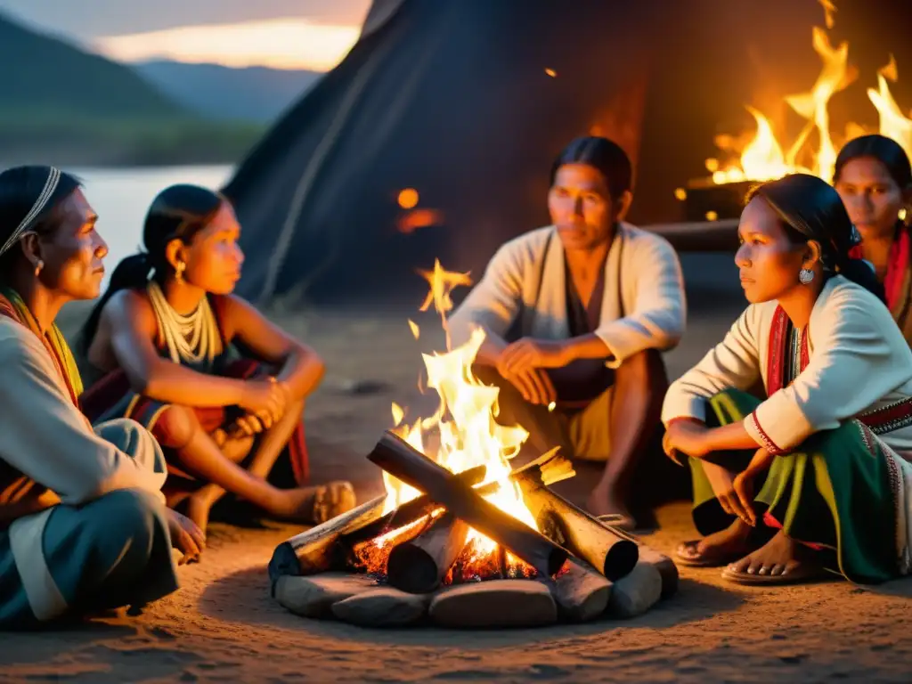 Grupo de indígenas hani comparte historias alrededor del fuego, destacando la riqueza cultural y la conexión comunitaria