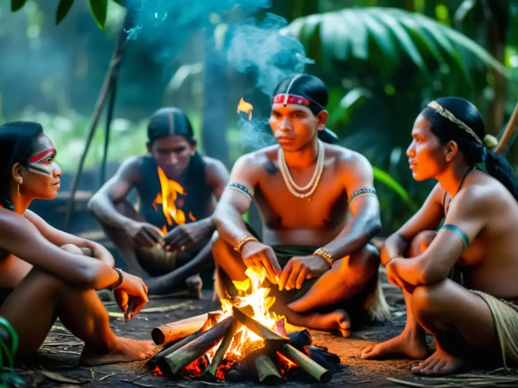 Conversación ancestral: Tupí en la selva amazónica Un grupo de indígenas Tupí reunidos alrededor de una fogata en la selva amazónica, transmitiendo su rica herencia cultural