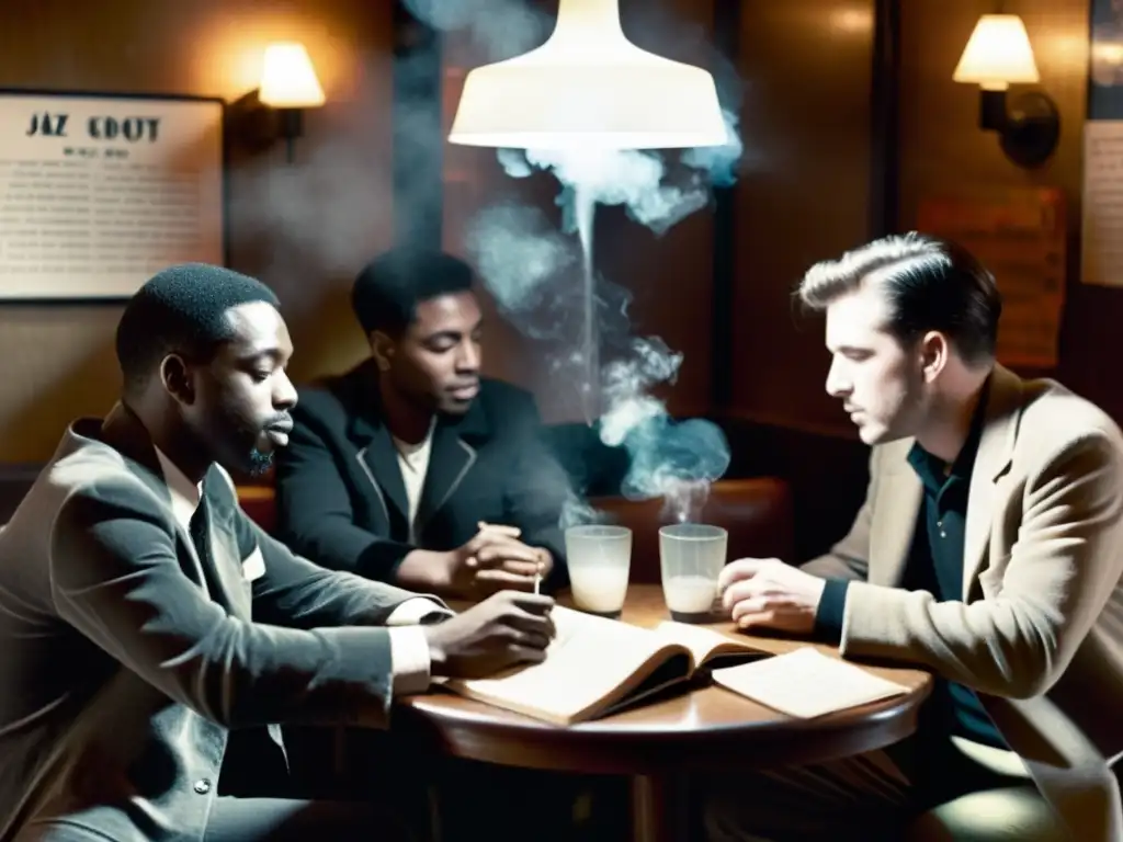 Grupo de beatniks inmersos en conversaciones profundas en una cafetería tenue, destacando la importancia del argot en grupos contraculturales