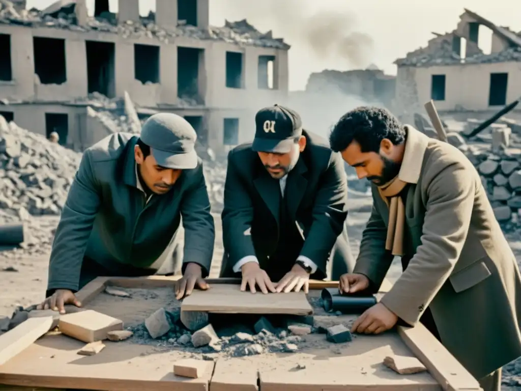 Grupo de intérpretes en zona de guerra, trabajando con la comunidad local entre escombros y edificios destruidos, mostrando su dedicación y valentía