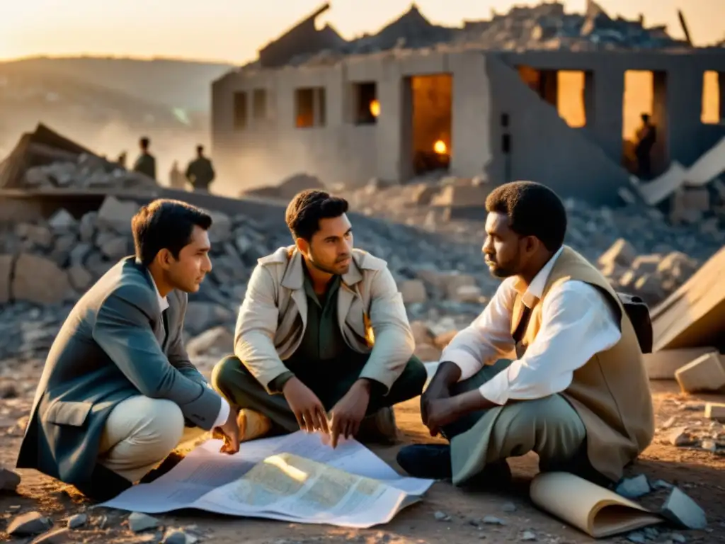 Grupo de intérpretes en zona de guerra, resueltos y determinados, discutiendo estrategias con mapas y documentos al atardecer