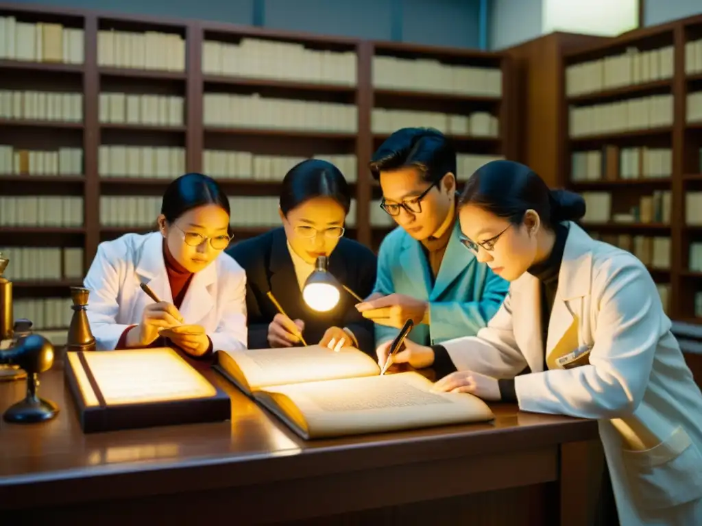 Un grupo de investigadores examina artefactos SinoTibetanos bajo cálida luz, rodeados de libros antiguos y tecnología