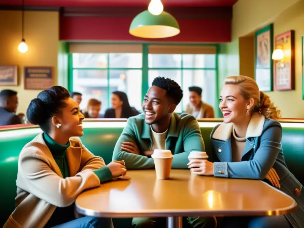 Un grupo de jóvenes conversa animadamente en un café vintage, reflejando el impacto del dialecto en la juventud