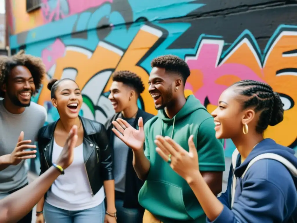 Un grupo de jóvenes conversando animadamente en una calle urbana llena de graffiti colorido y energía