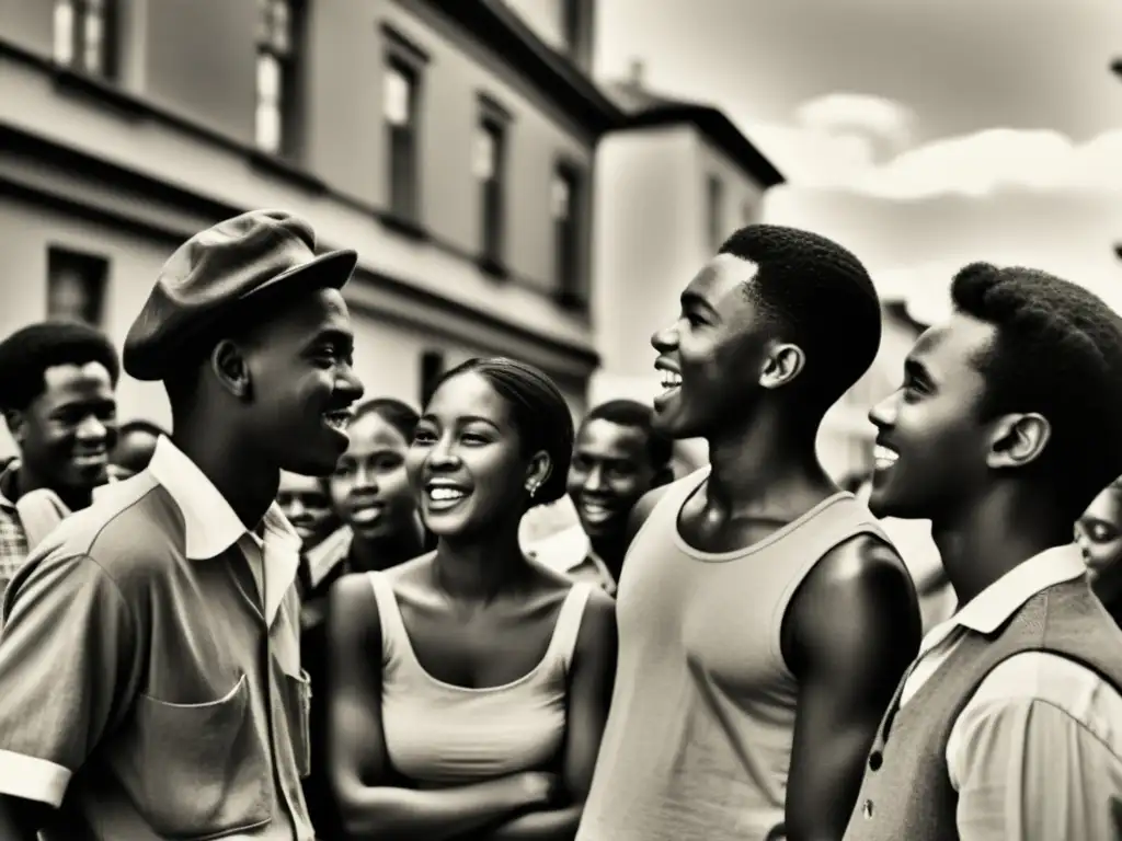Grupo de jóvenes conversando animadamente en una esquina, mostrando la importancia del argot en grupos culturales