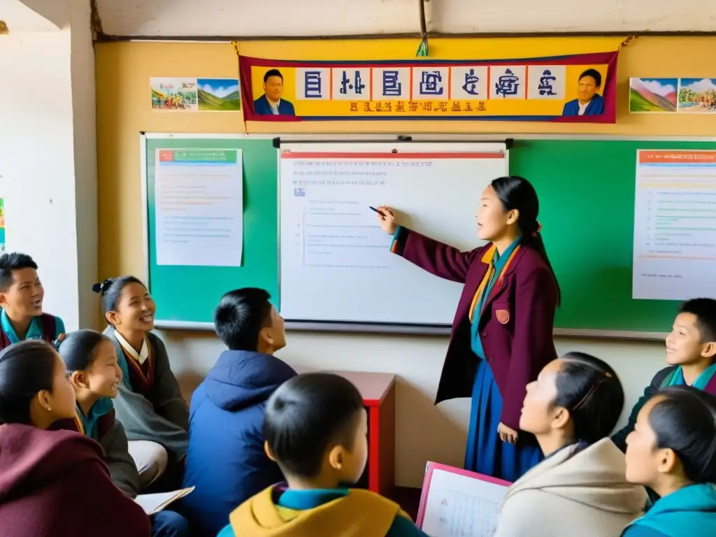 Grupo de jóvenes tibetanos entusiastas debaten la conservación del idioma tibetano siglo XXI en aula colorida