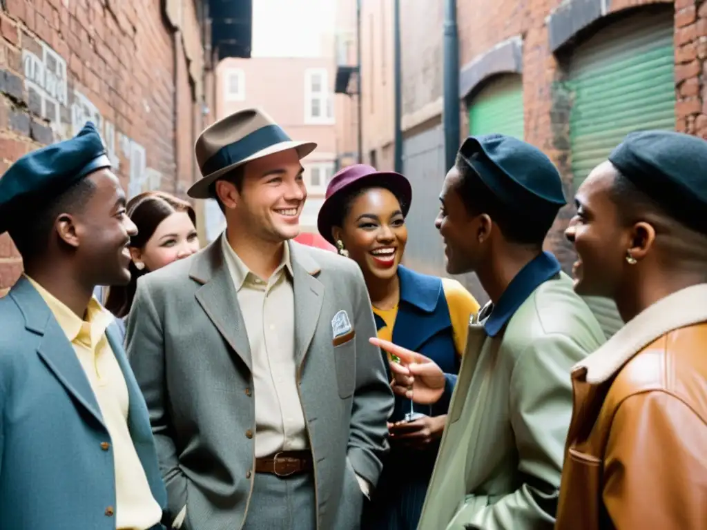 Grupo de jóvenes vestidos con ropa vintage de los 50, hablando en argot secreto en un callejón urbano con grafitis y letreros de neón