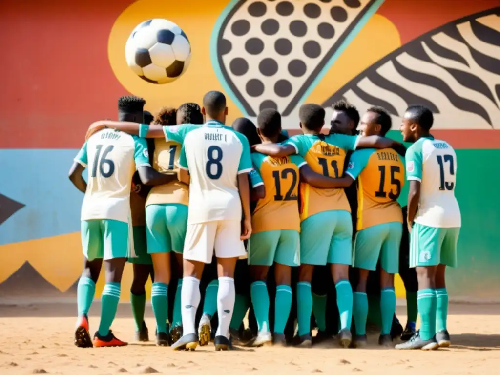 Grupo de jugadores de fútbol con jerga bantú en un campo polvoriento, luciendo jerseys retro y expresiones exuberantes