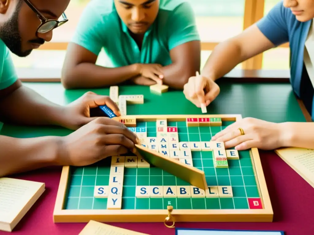 Jugadores de Scrabble multilingües en acción Un grupo de jugadores de Scrabble multilingües concentra sus estrategias multilingües para dominar idiomas en un ambiente vintage y competitivo