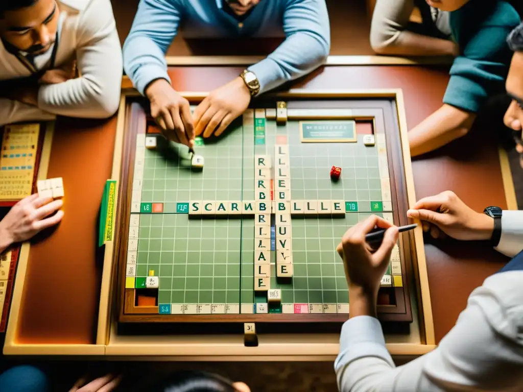 Jugadores multilingües de Scrabble en acción Grupo de jugadores de Scrabble multilingües concentrados en estrategias para dominar idiomas, rodeados de diccionarios y libros de referencia vintage