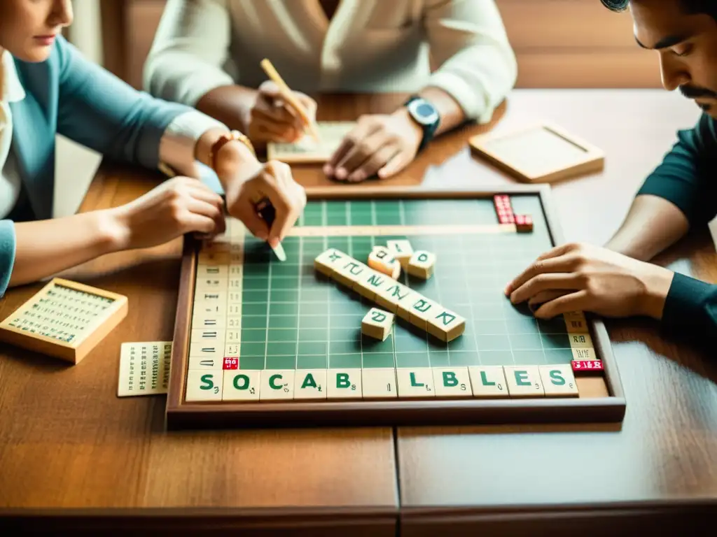 Jugadores de Scrabble multilingües se concentran en el juego vintage Un grupo de jugadores de Scrabble multilingües concentrados en estrategias para dominar idiomas, inmersos en el juego en una atmósfera nostálgica