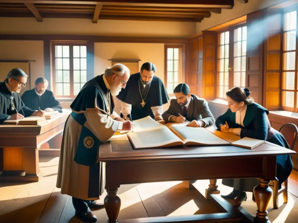 Grupo de lingüistas y fonetistas analizando manuscritos antiguos y artefactos lingüísticos en una atmósfera de descubrimiento académico