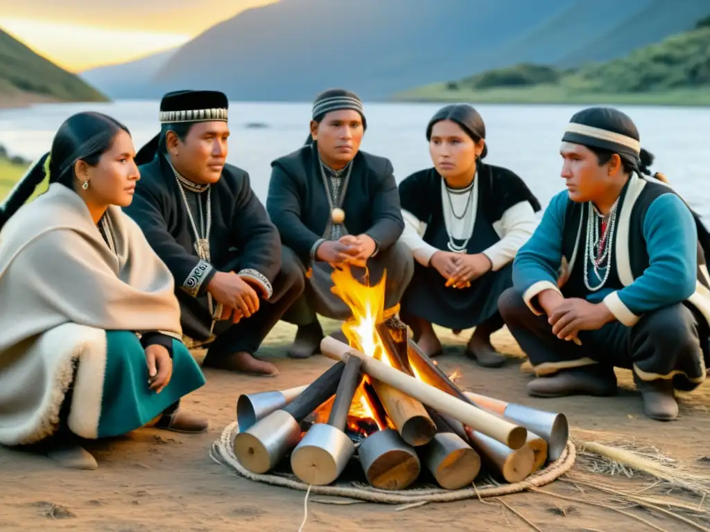 Grupo Mapuche en ceremonia, vistiendo trajes tradicionales y tocando instrumentos musicales alrededor del fuego