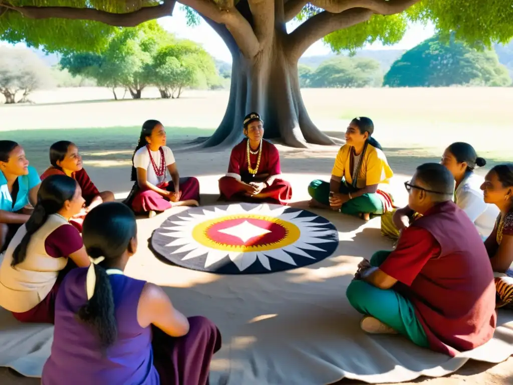 Un grupo de miembros de la comunidad indígena, vestidos con trajes tradicionales, se reúnen bajo la sombra de un gran árbol