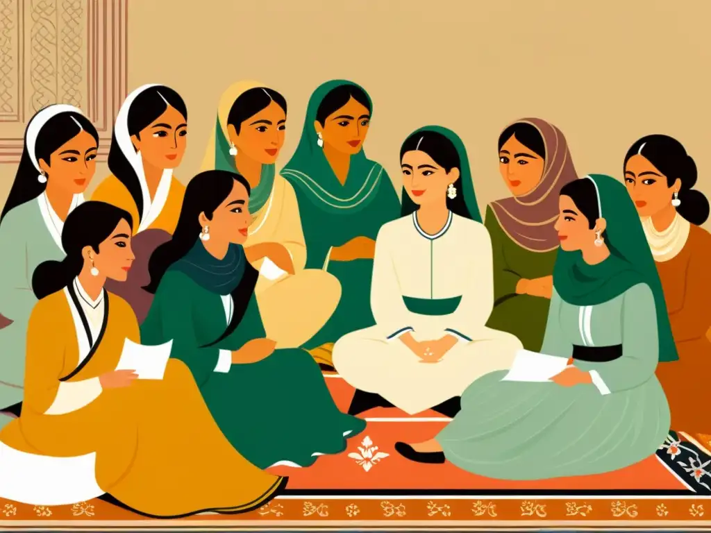 Grupo de mujeres en atuendos tradicionales Urdu conversando apasionadamente sobre feminismo en la literatura Urdu