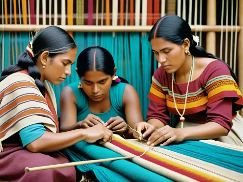 Grupo de mujeres indígenas tejedoras creando textiles con influencia de lenguas indígenas en Sudamérica