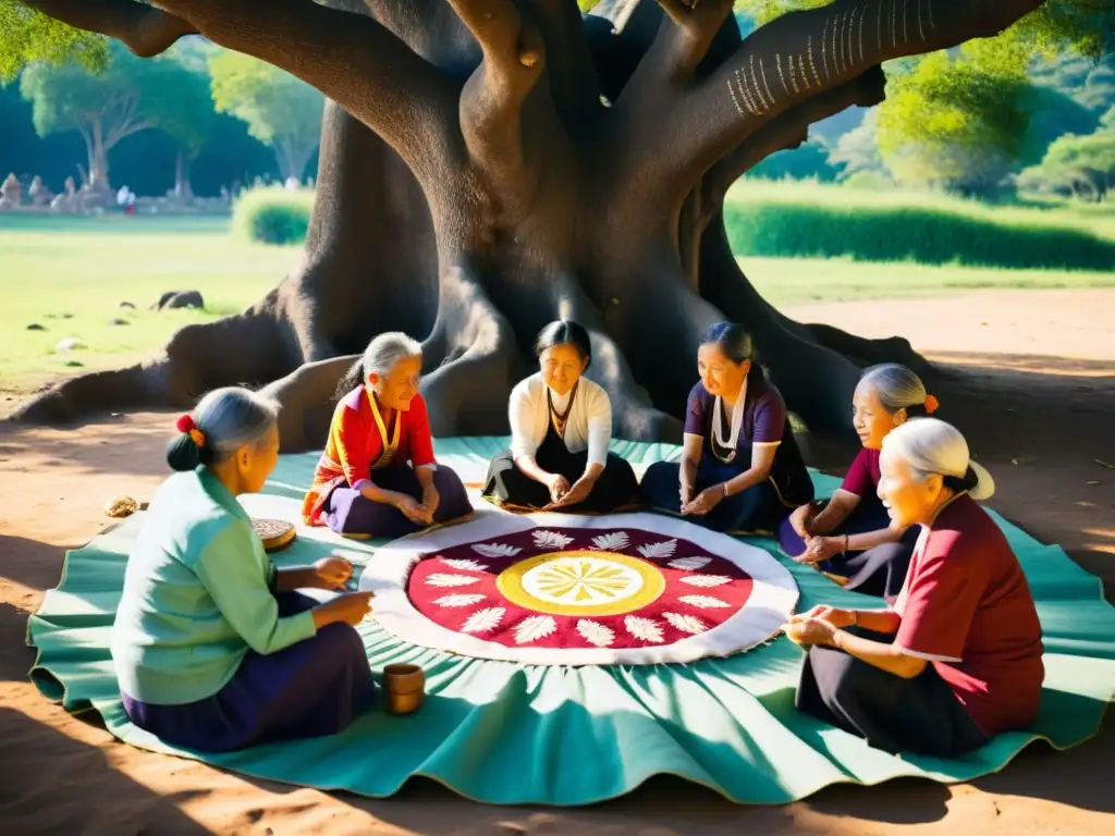 Un grupo de mujeres bai mayores bordando patrones tradicionales en tela colorida bajo un antiguo árbol, recitando poesía bai