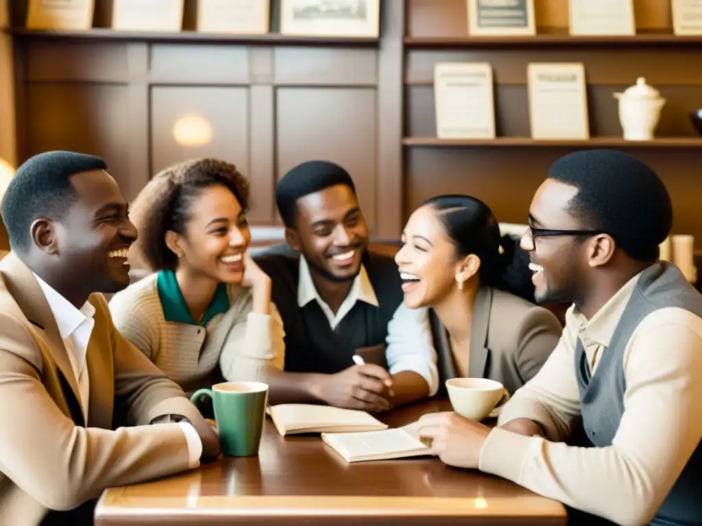 Grupo multicultural disfrutando de beneficios intercambios lingüísticos en animado café vintage