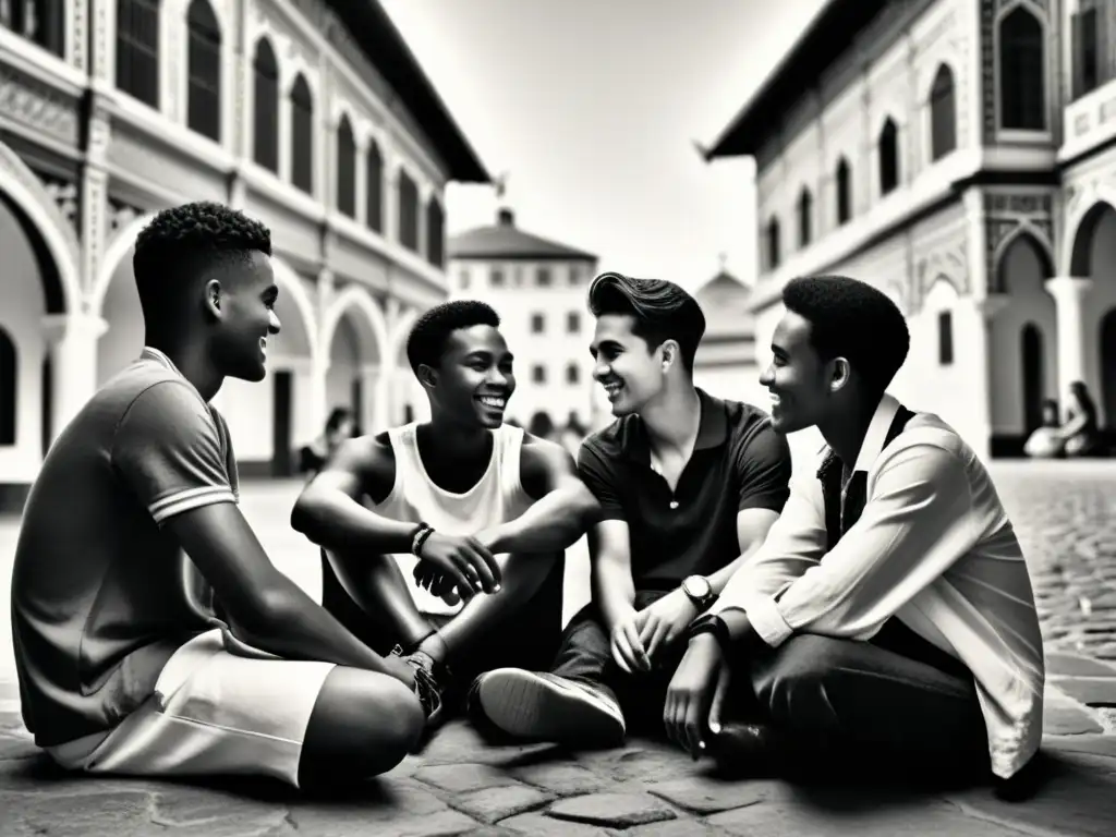 Un grupo multicultural de jóvenes conversa animadamente en círculo, rodeados de edificios antiguos