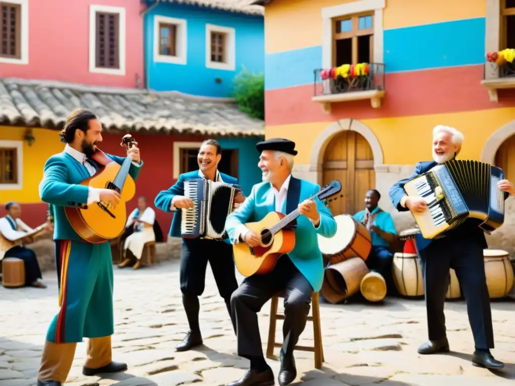 Un grupo de música folclórica tradicional tocando en una plaza rústica, vistiendo atuendos coloridos