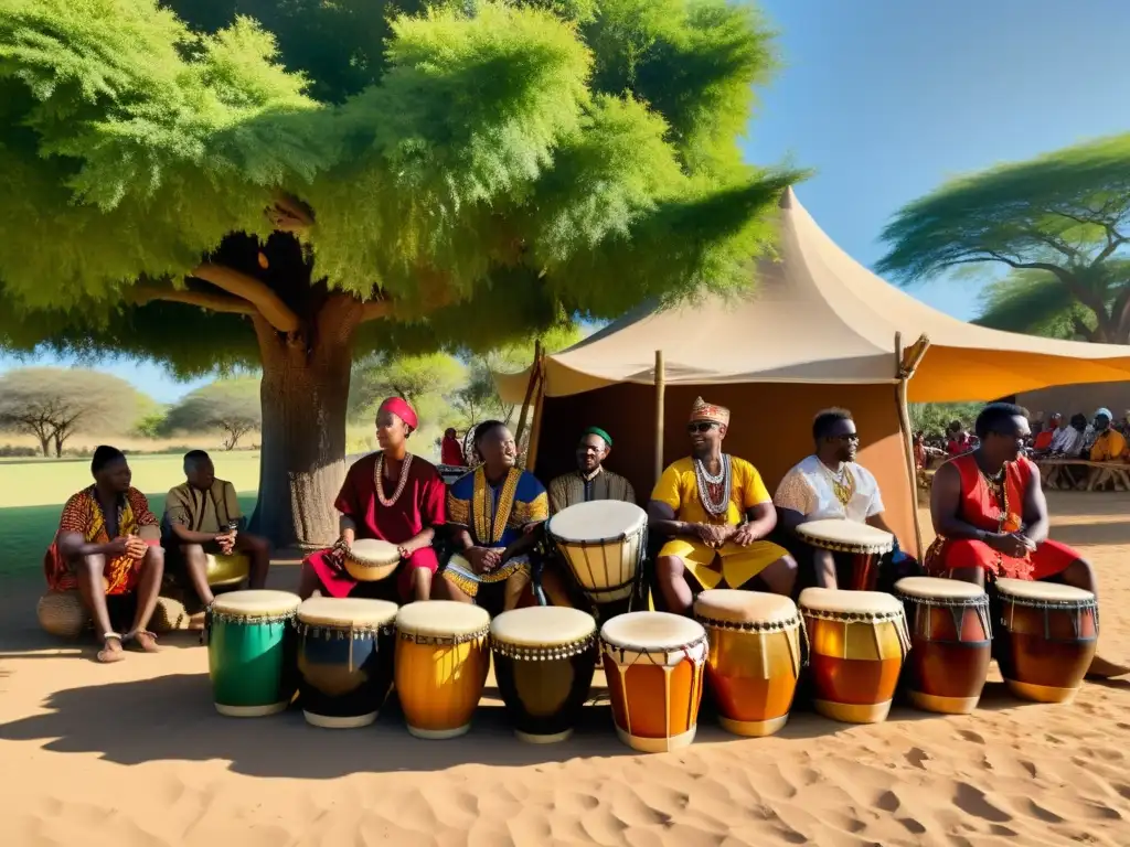 Un grupo de músicos africanos tocan tambores bajo un árbol, vistiendo ropa tradicional