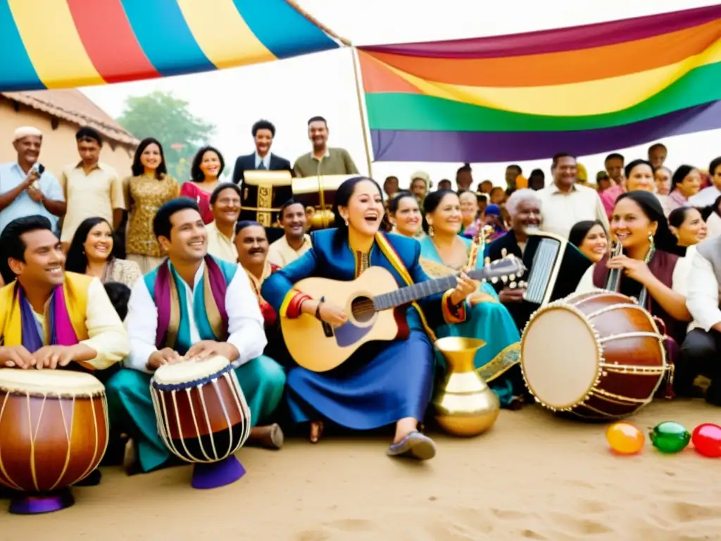 Grupo de músicos y audiencia diversa celebrando la conexión entre dialectos y ritmos con instrumentos tradicionales y atuendos coloridos